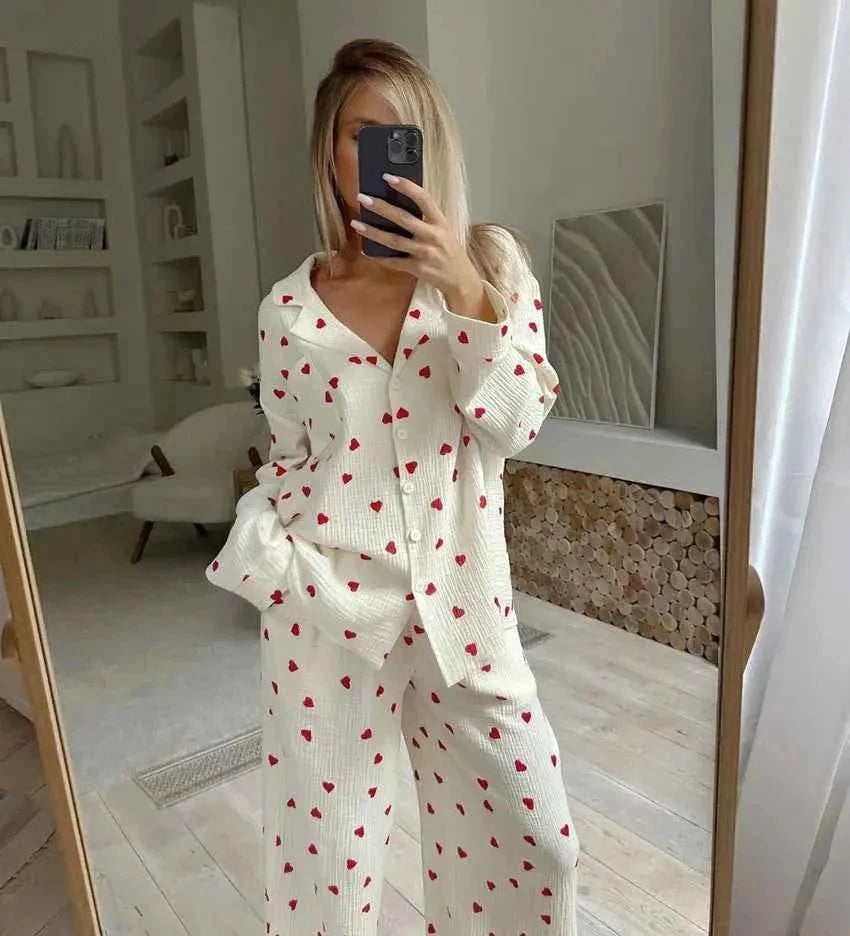 Pyjama Set Heart Print Wide Leg