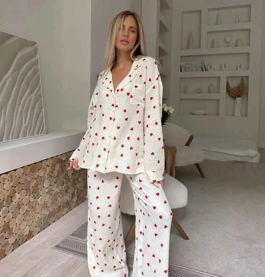 Pyjama Set Heart Print Wide Leg