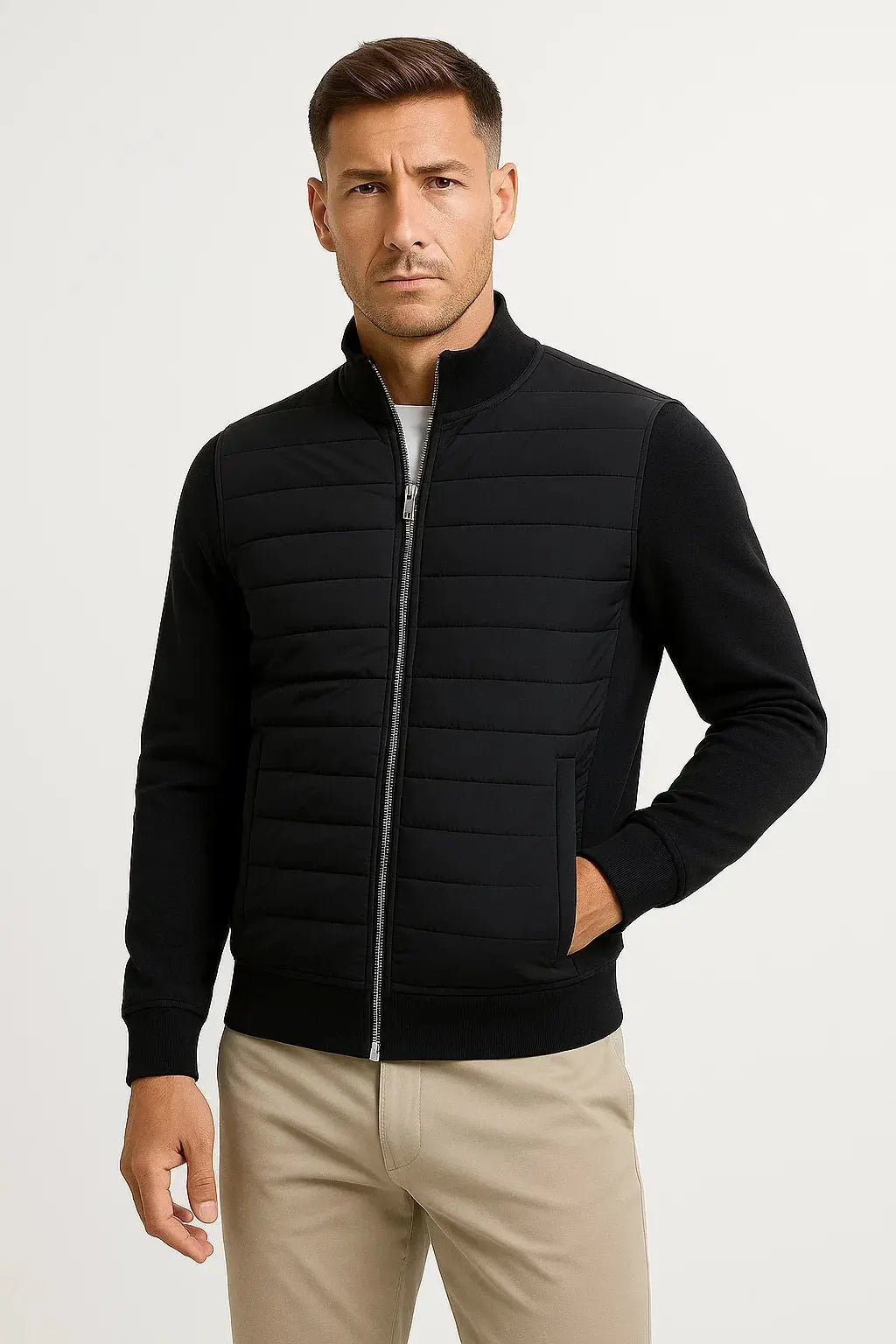 Hybrid quilted jacket with knitted sleeves in black, front view