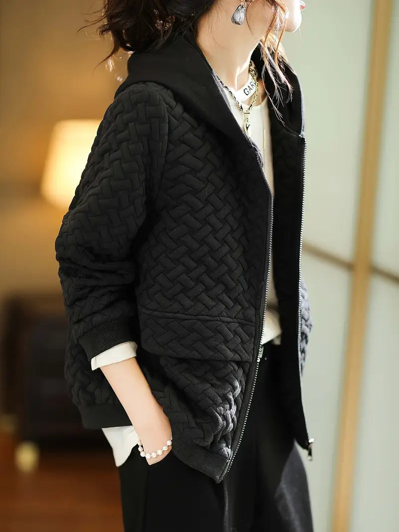 Quilted Hoodie Basketweave Pattern Zip Front