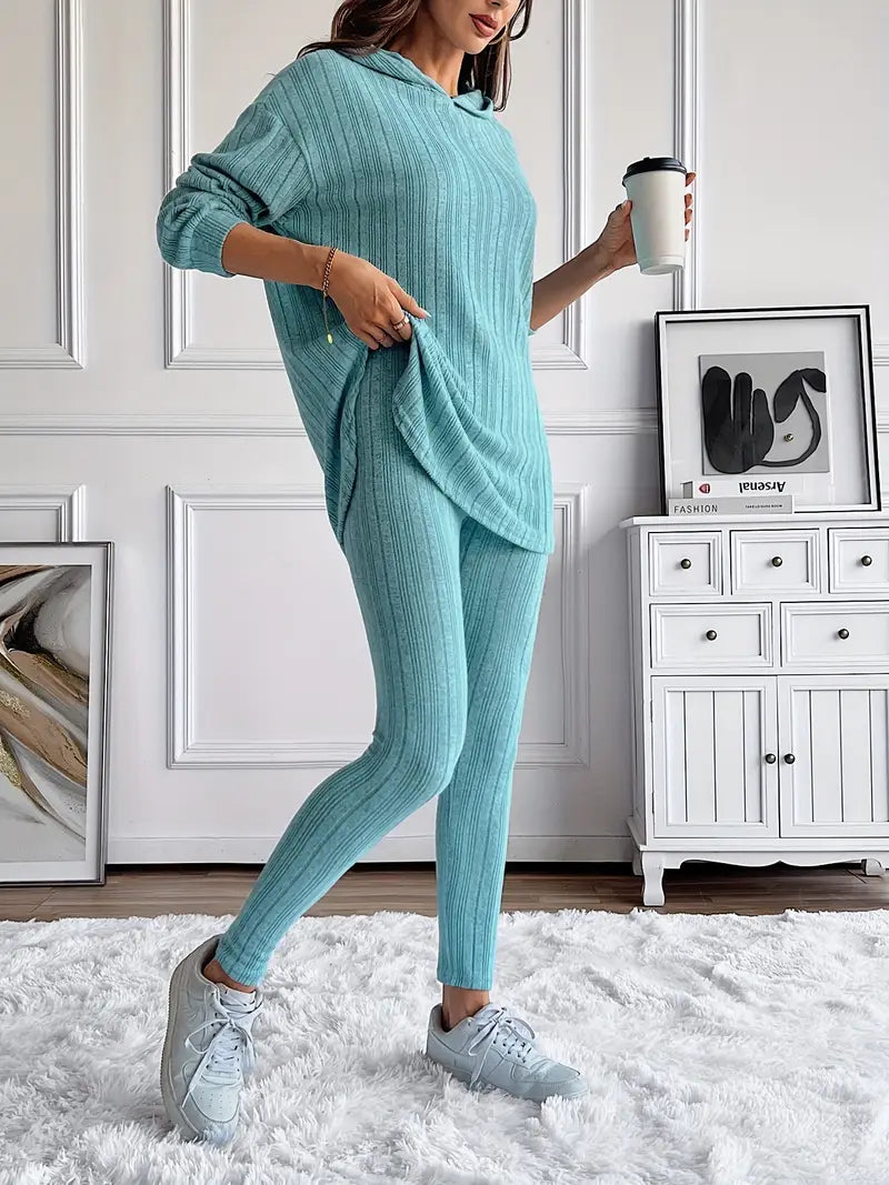 Lounge Set Ribbed Knit Hooded Two Piece
