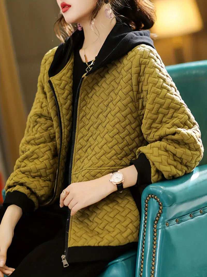 Quilted Hoodie Basketweave Pattern Zip Front