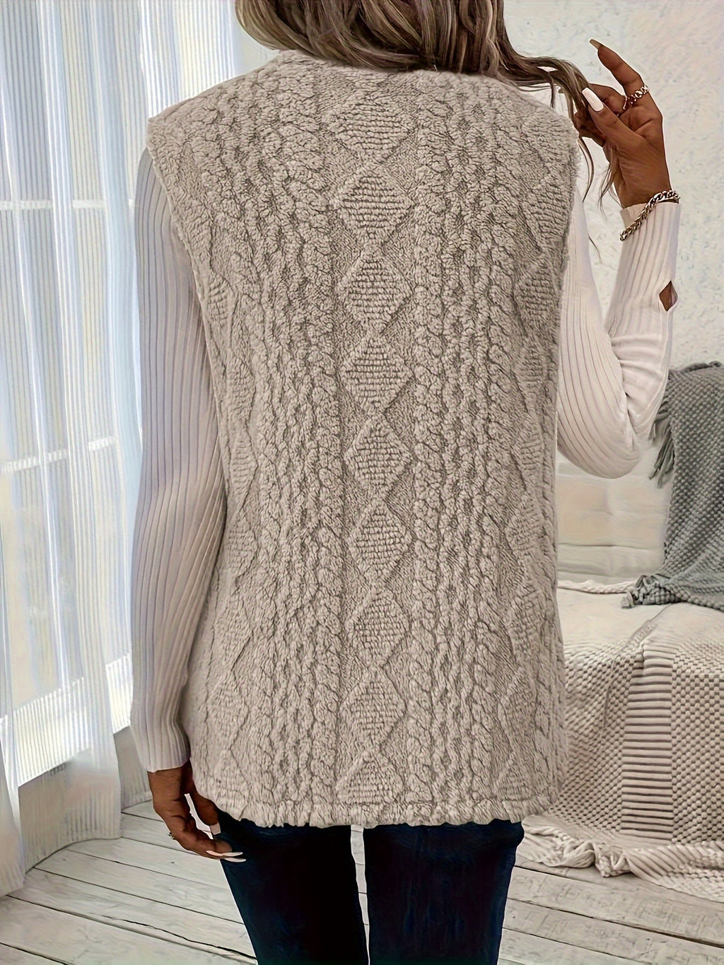Longline Sleeveless Vest Textured Open Front