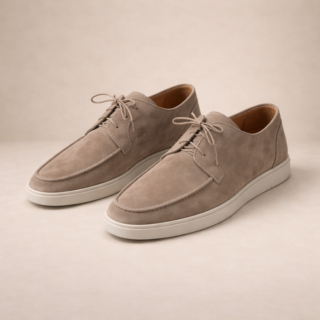 Suede-look lace-up loafers with closed toe in beige, side view