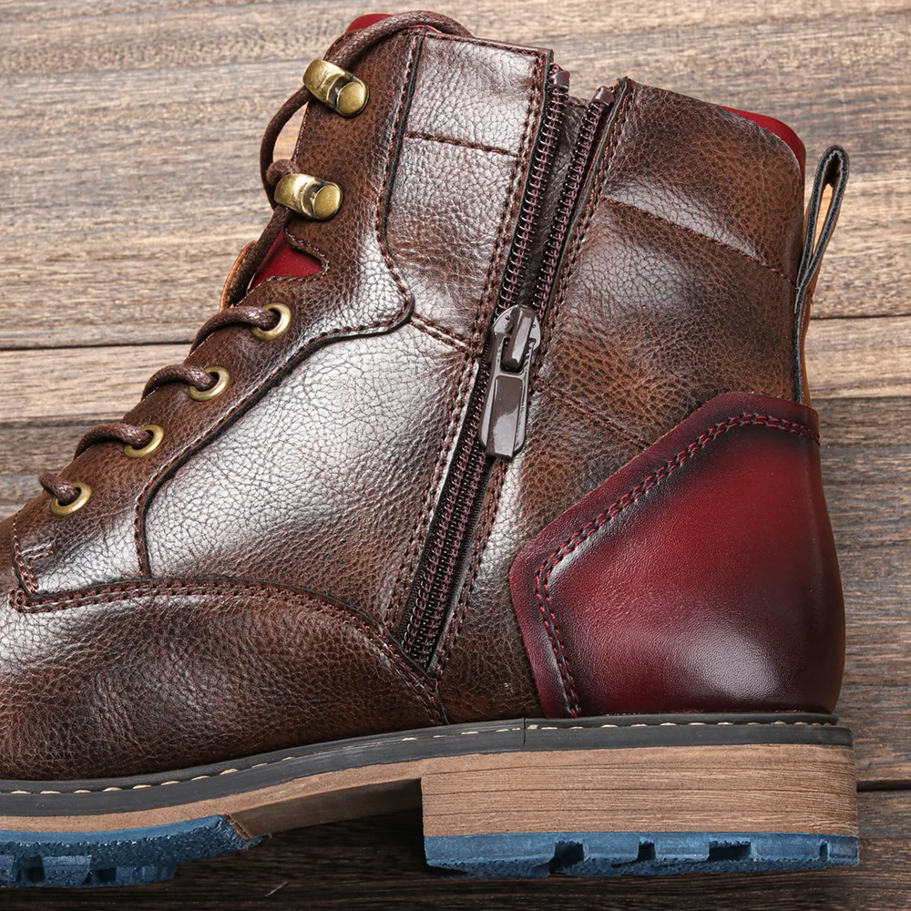 Boots Leather Lace Up Side Zip Padded