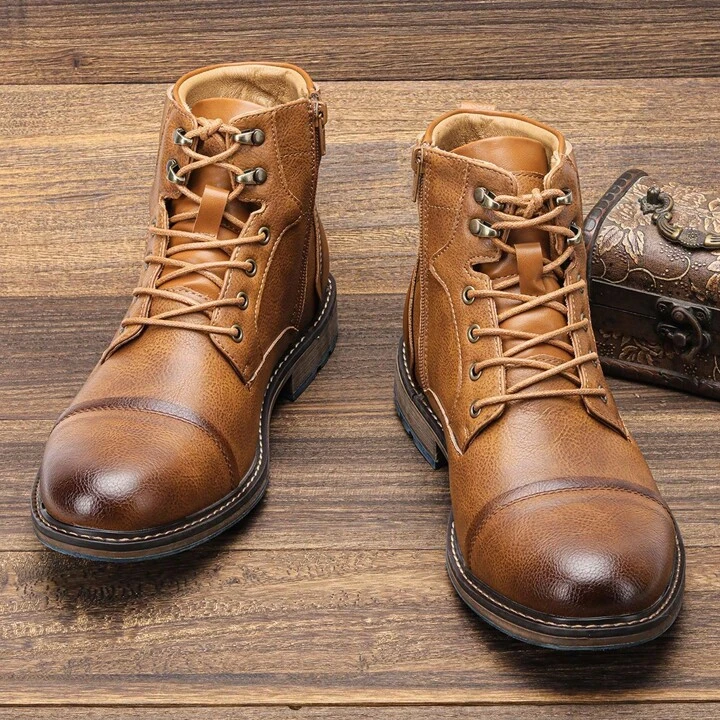 Boots Leather Lace Up Side Zip Padded