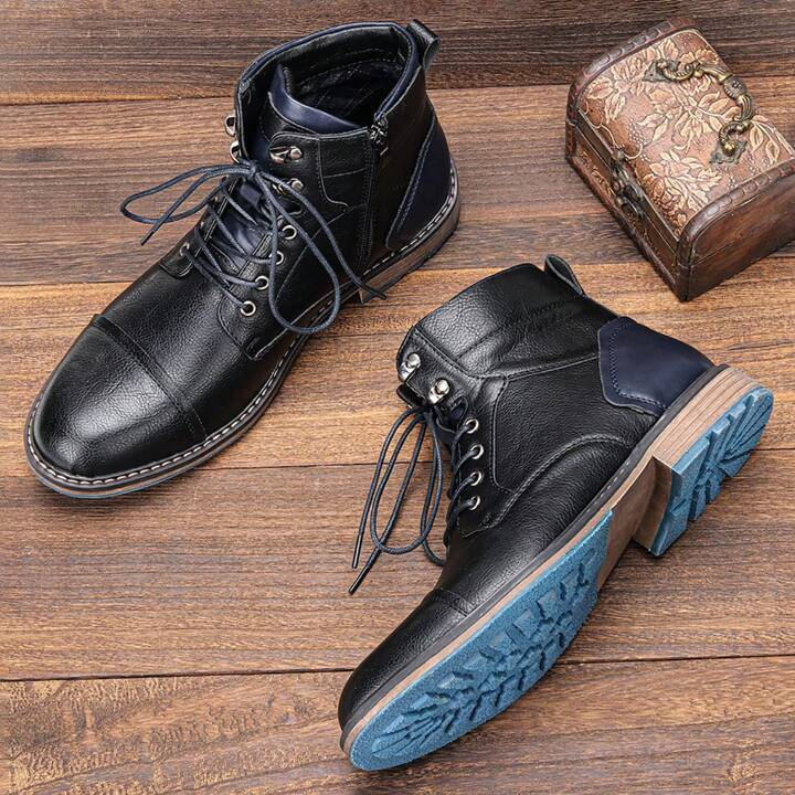 Boots Leather Lace Up Side Zip Padded