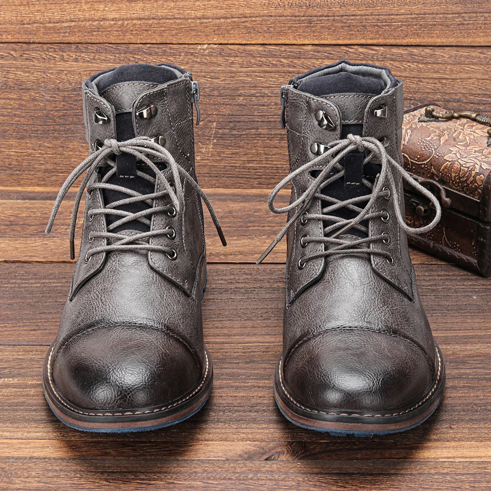 Boots Leather Lace Up Side Zip Padded