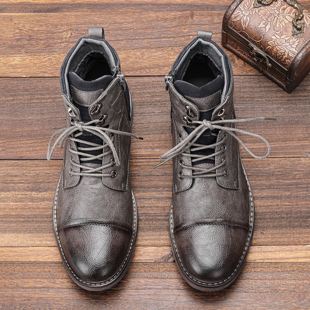 Boots Leather Lace Up Side Zip Padded