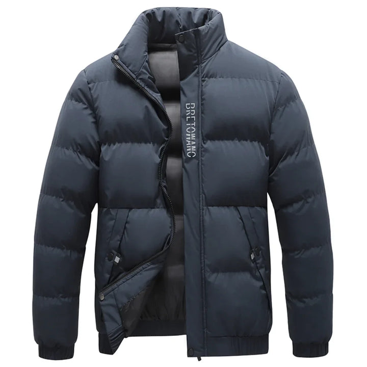 Navy blue water resistant winter jacket with hood