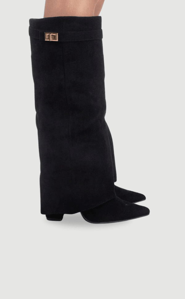 Suede-look ankle boots with gold hardware in black, side view