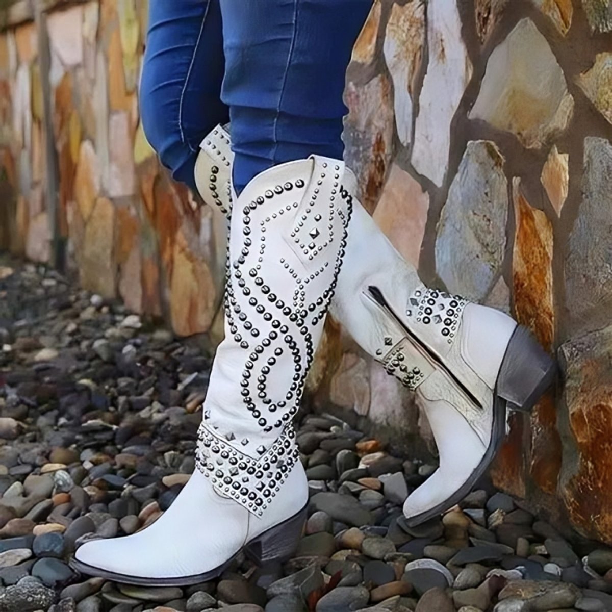 Studded Western Boots Block Heel Zip
