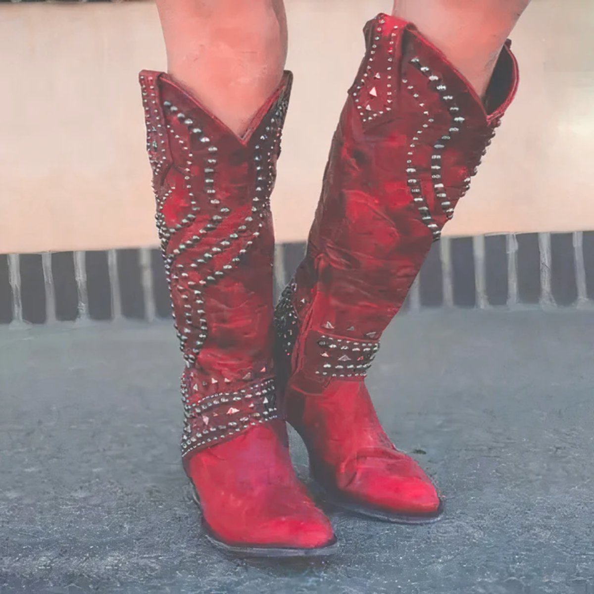 Studded Western Boots Block Heel Zip