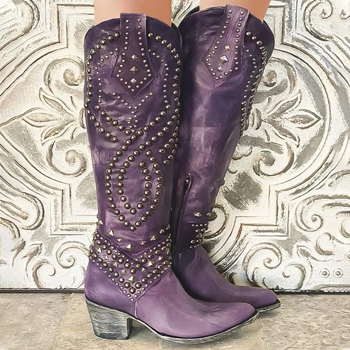Studded Western Boots Block Heel Zip