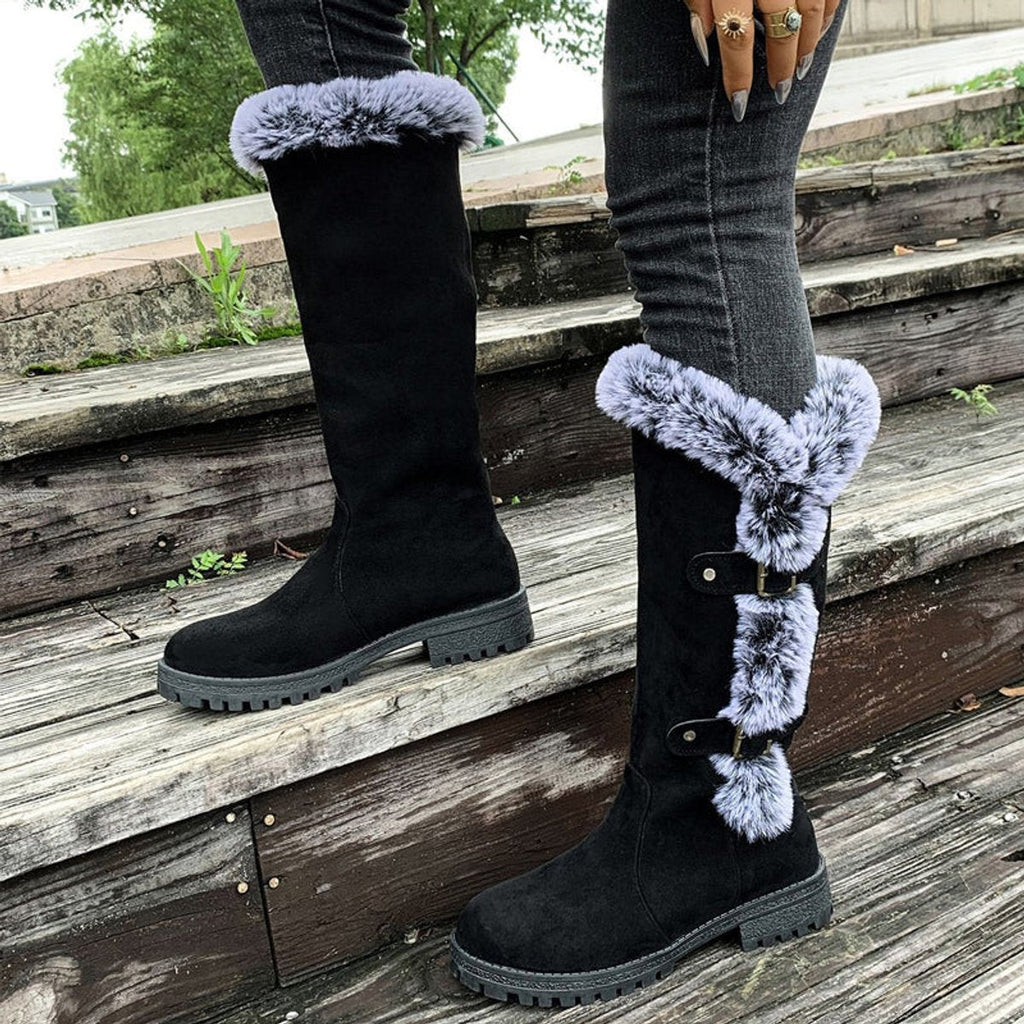 Faux Fur Boots Tall Buckle Detail