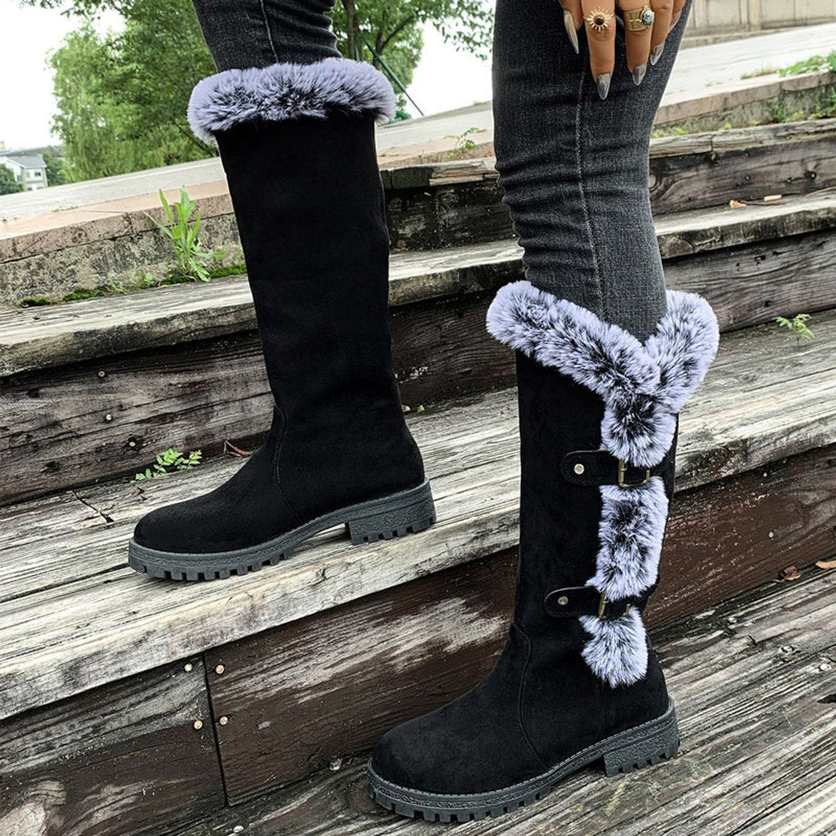 Faux Fur Boots Tall Buckle Detail