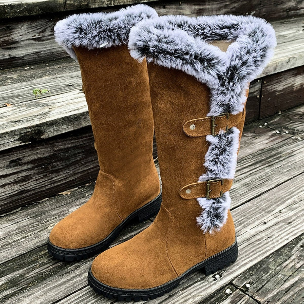 Faux Fur Boots Tall Buckle Detail