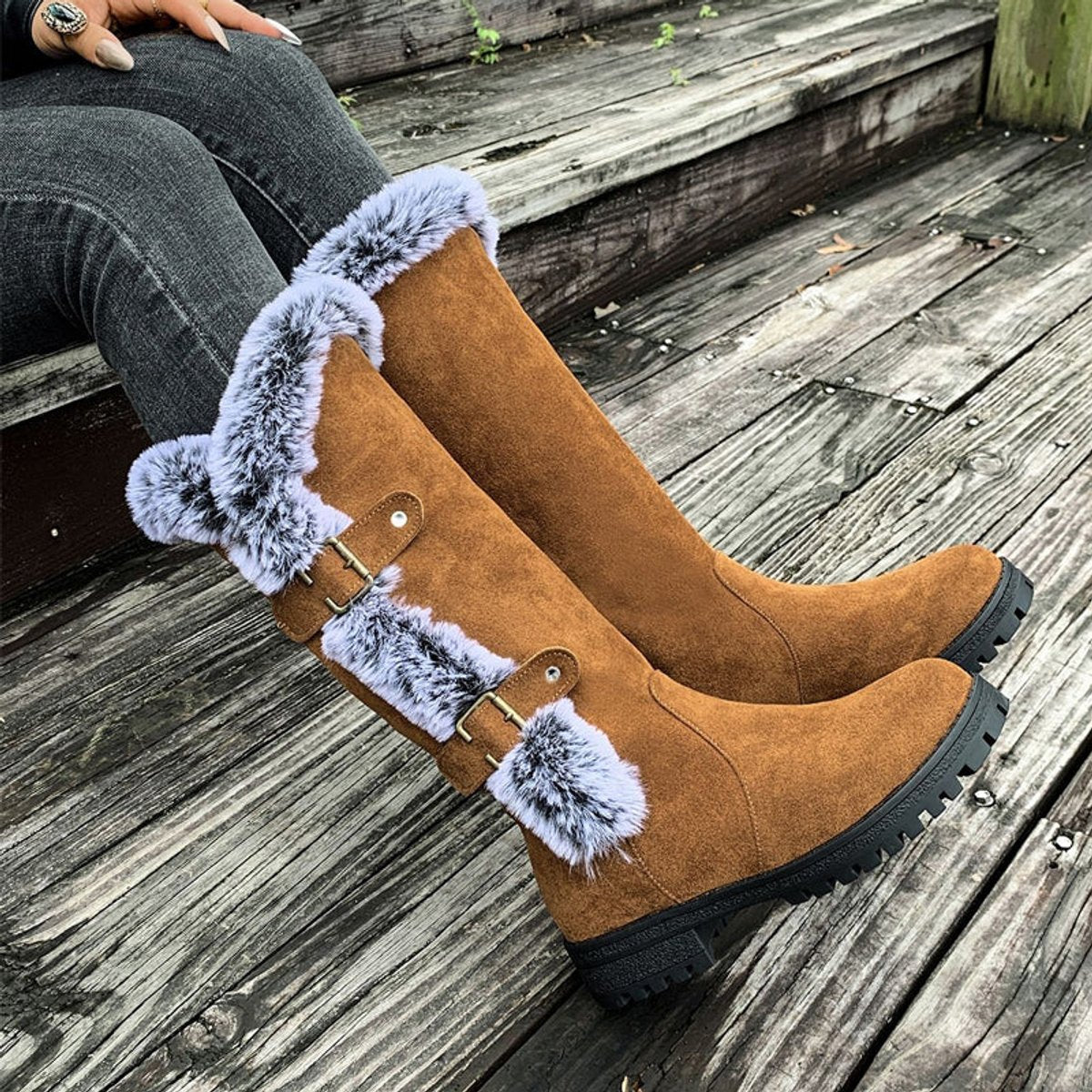 Faux Fur Boots Tall Buckle Detail