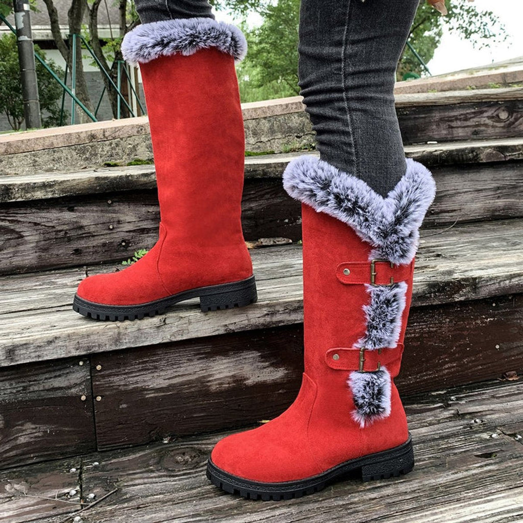 Faux Fur Boots Tall Buckle Detail