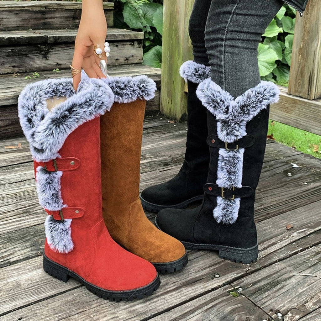 Faux Fur Boots Tall Buckle Detail