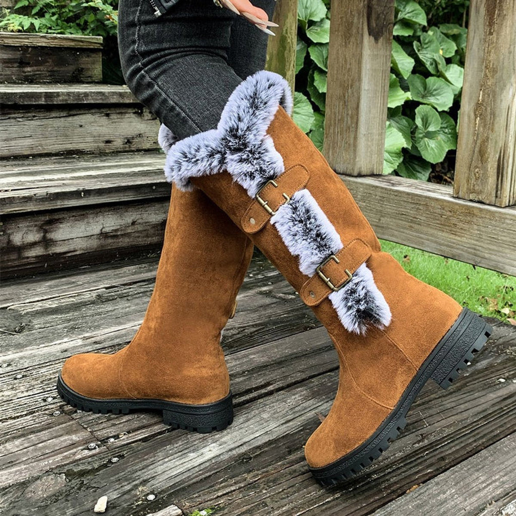 Faux Fur Boots Tall Buckle Detail