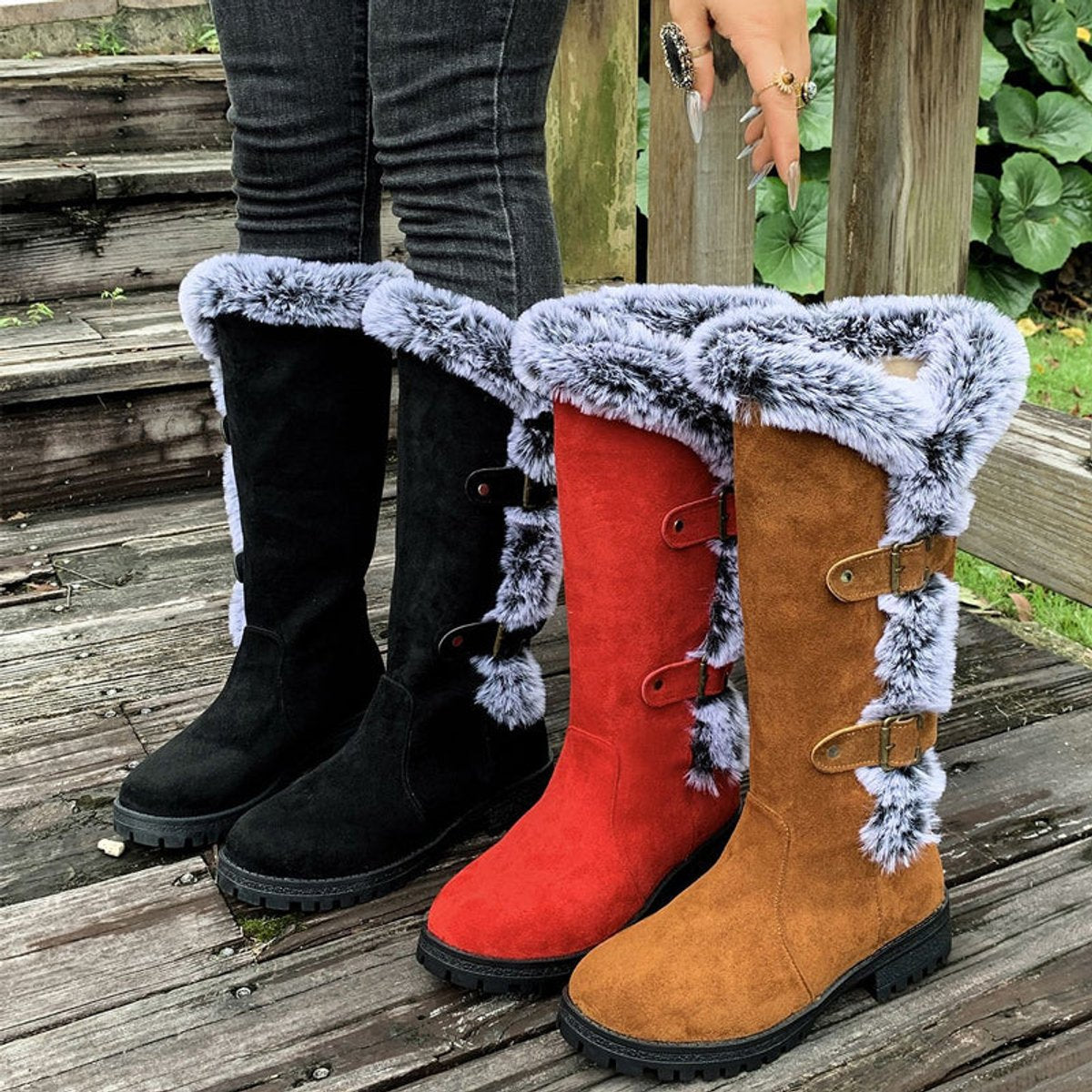 Faux Fur Boots Tall Buckle Detail