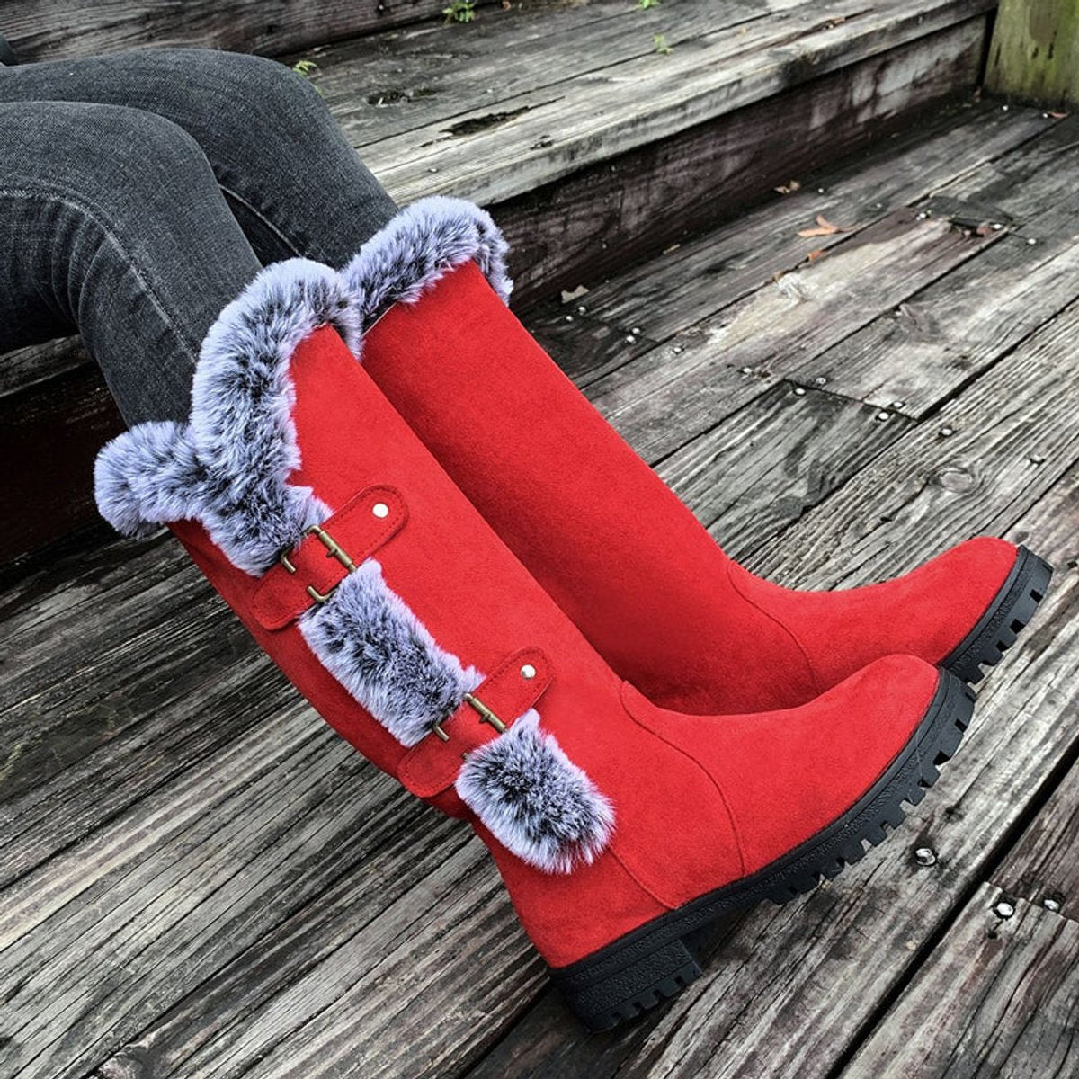 Faux Fur Boots Tall Buckle Detail