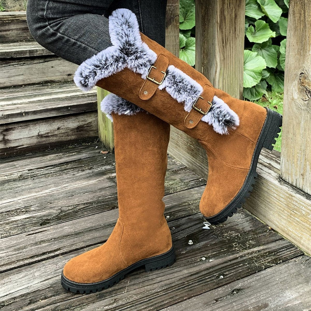 Faux Fur Boots Tall Buckle Detail