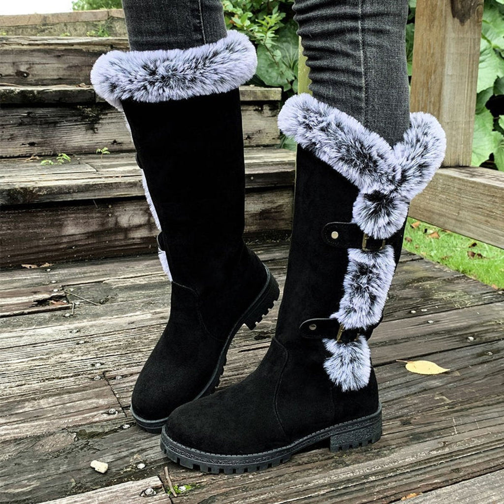 Faux Fur Boots Tall Buckle Detail