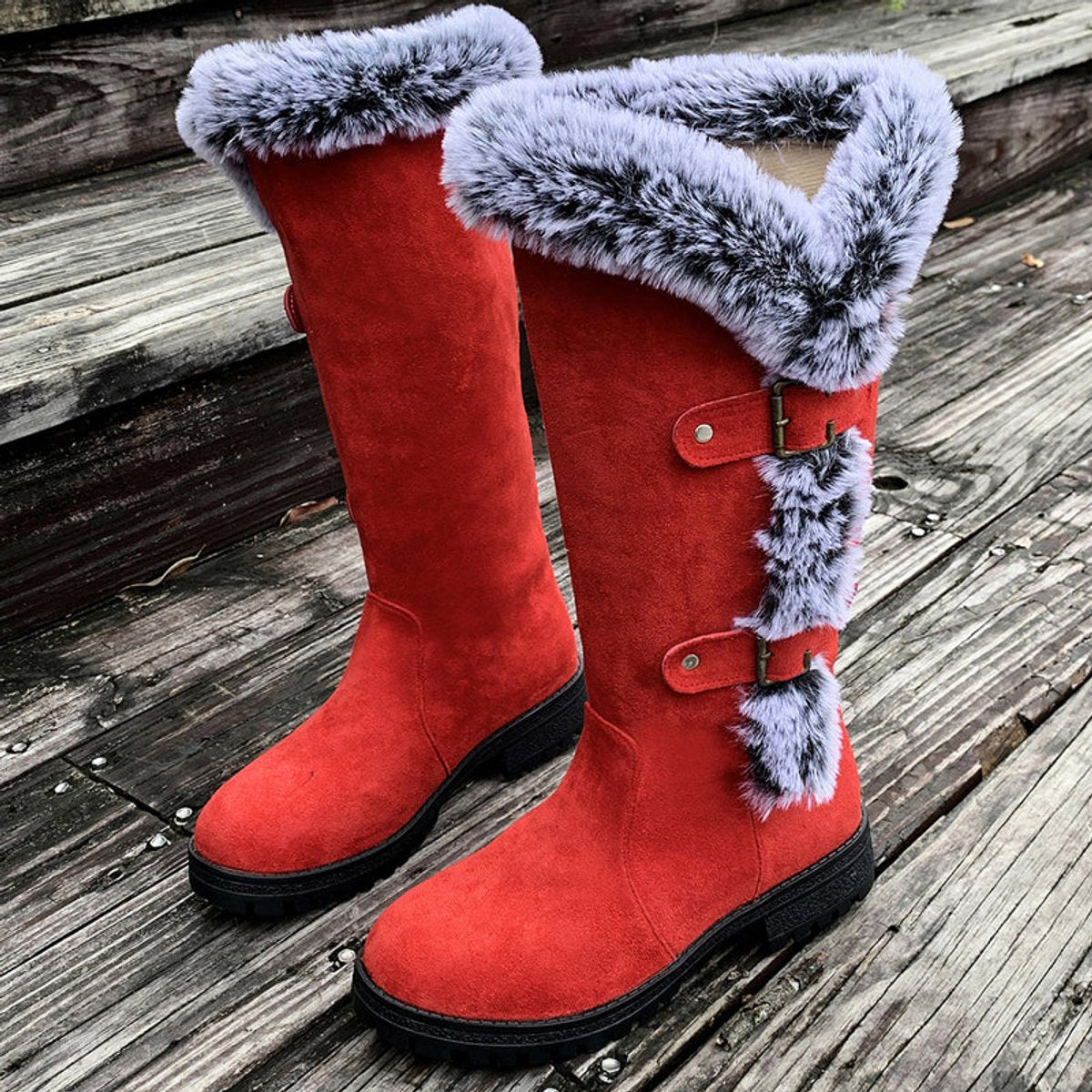 Faux Fur Boots Tall Buckle Detail
