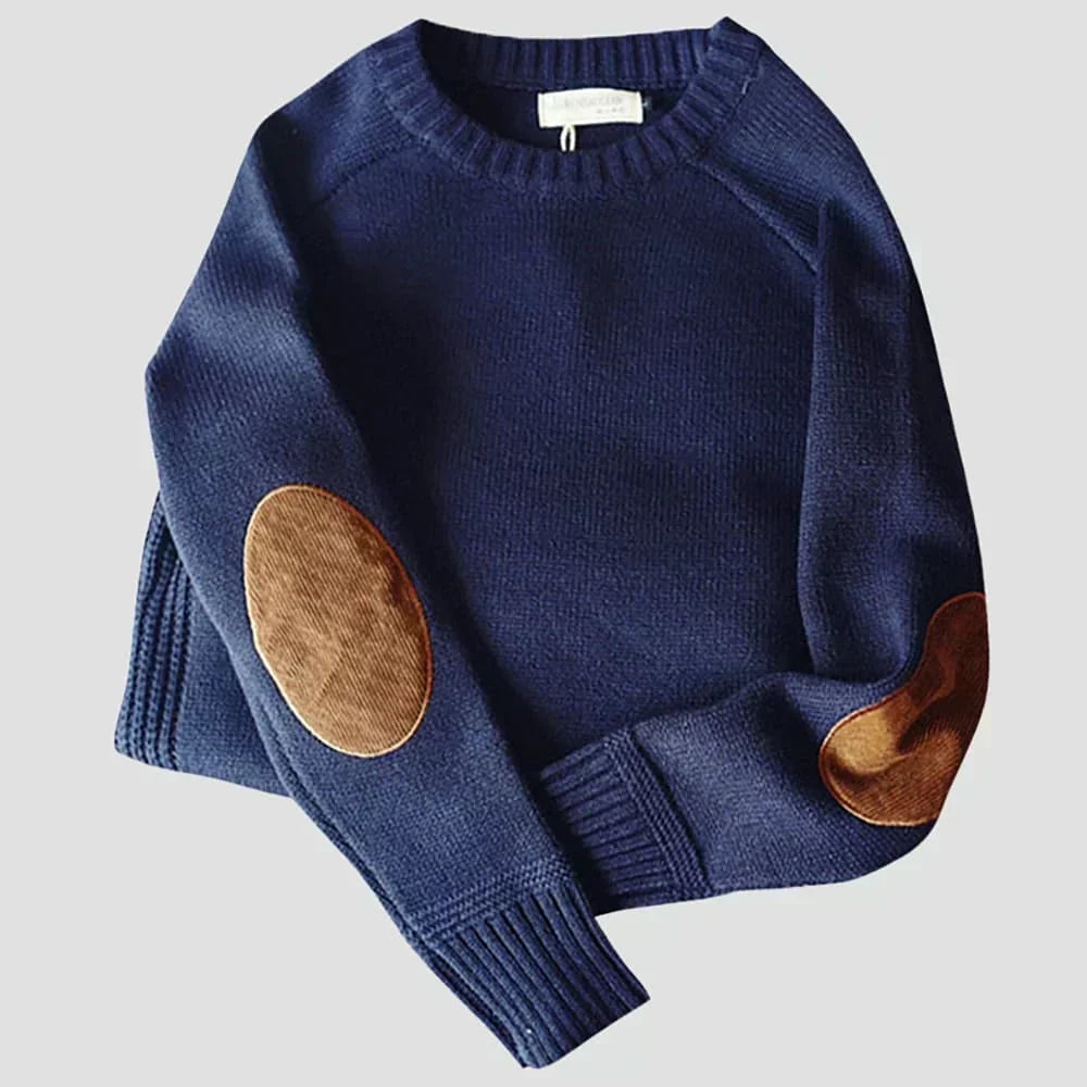 Crew-Neck Sweater Elbow-Patch Knit