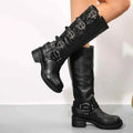 Buckle biker boots with chunky sole in black, side view
