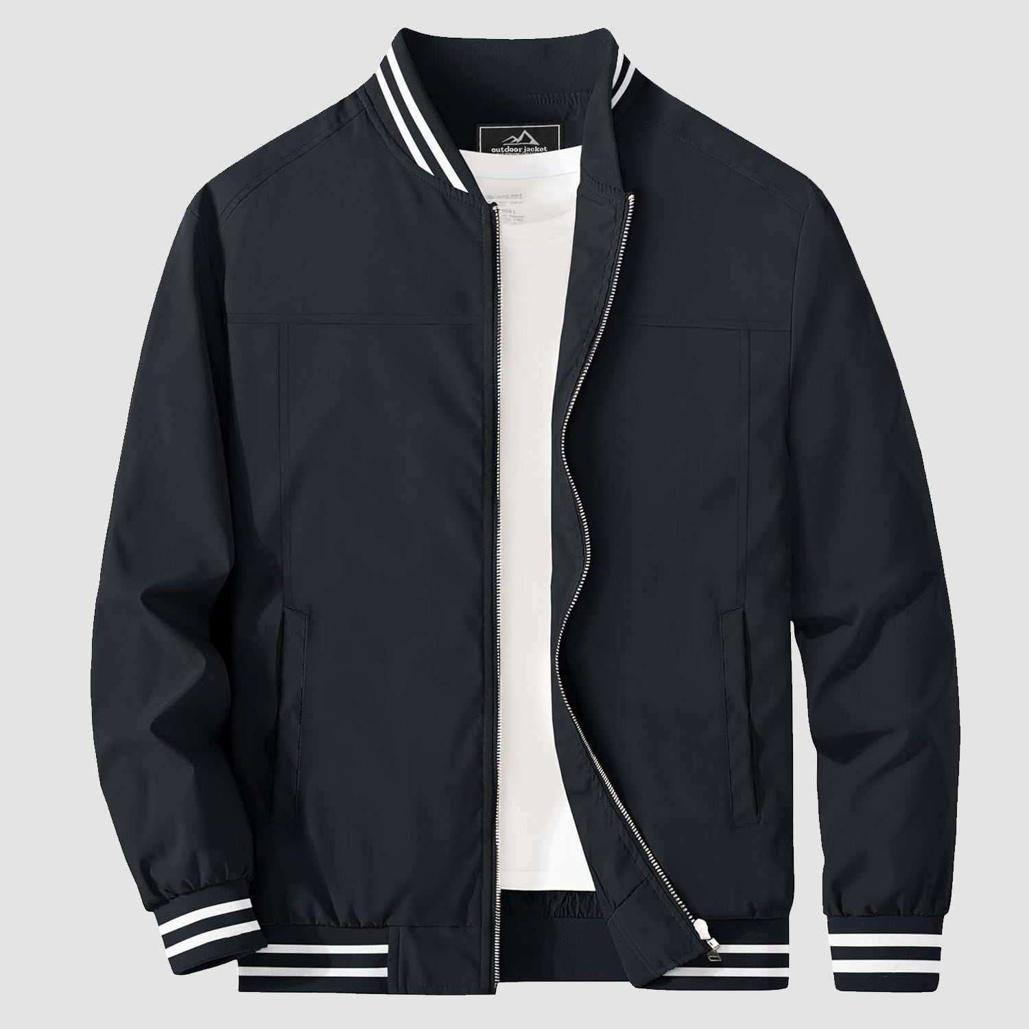 Lightweight casual bomber jacket in black, front view