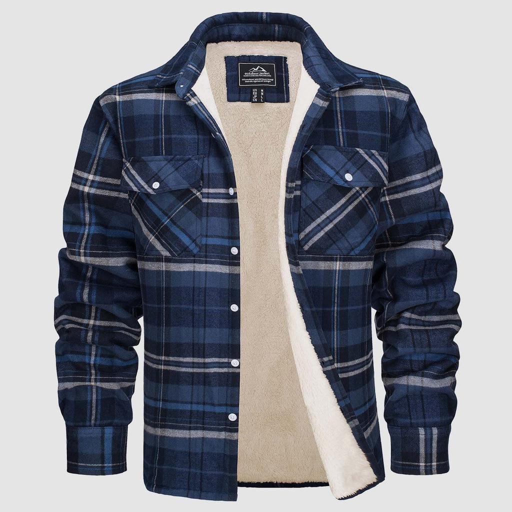 Flannel sherpa-lined shirt jacket in blue grey, front view