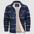 Flannel sherpa-lined shirt jacket in blue grey, front view