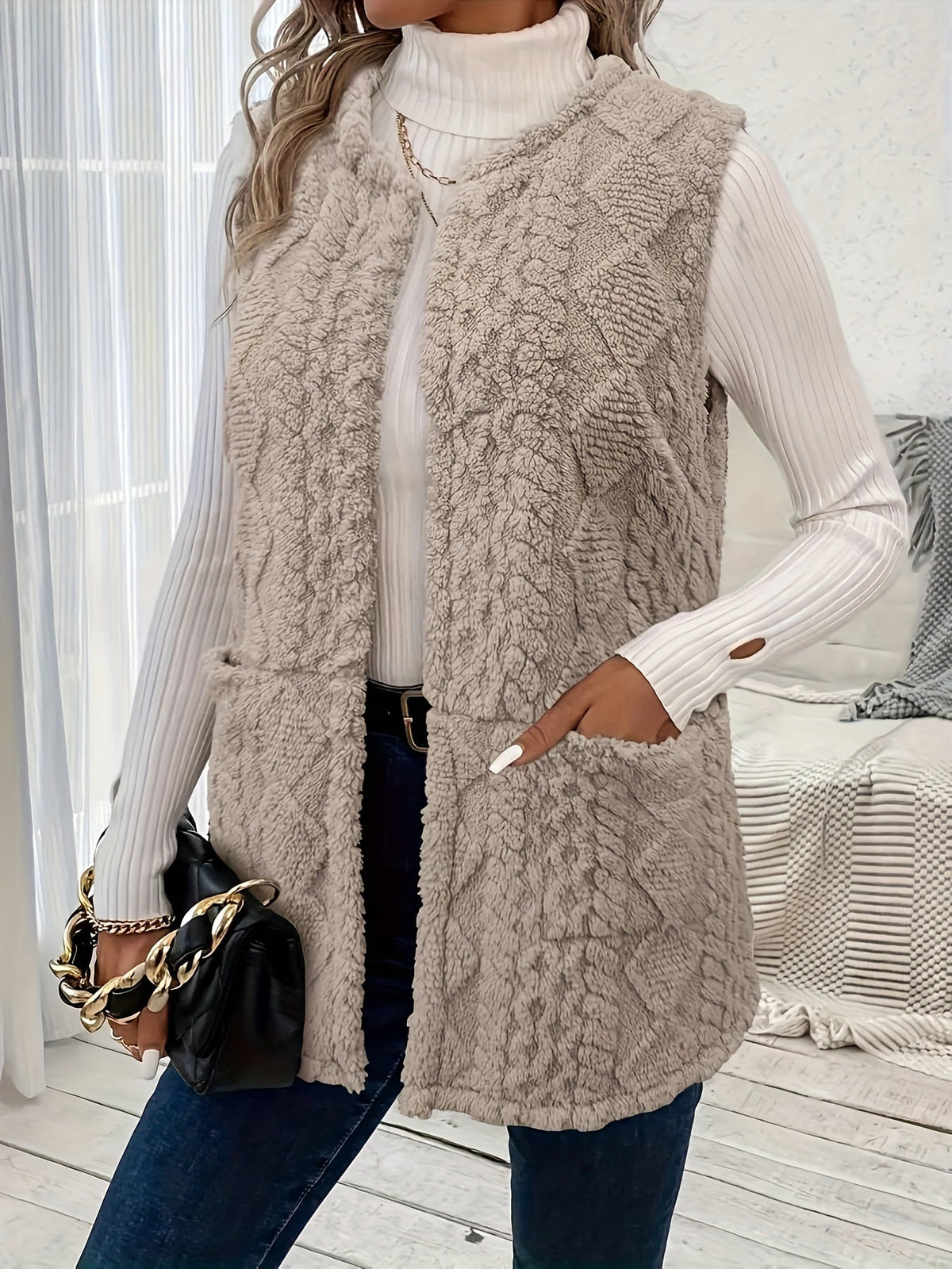 Longline Sleeveless Vest Textured Open Front