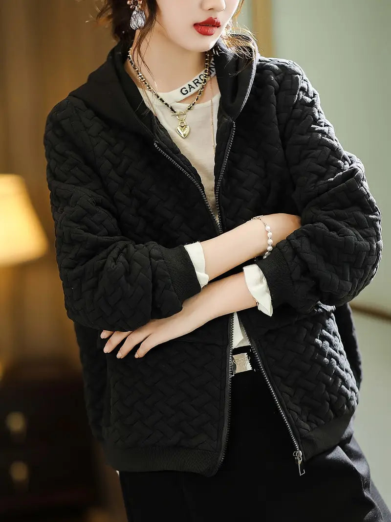 Quilted Hoodie Basketweave Pattern Zip Front
