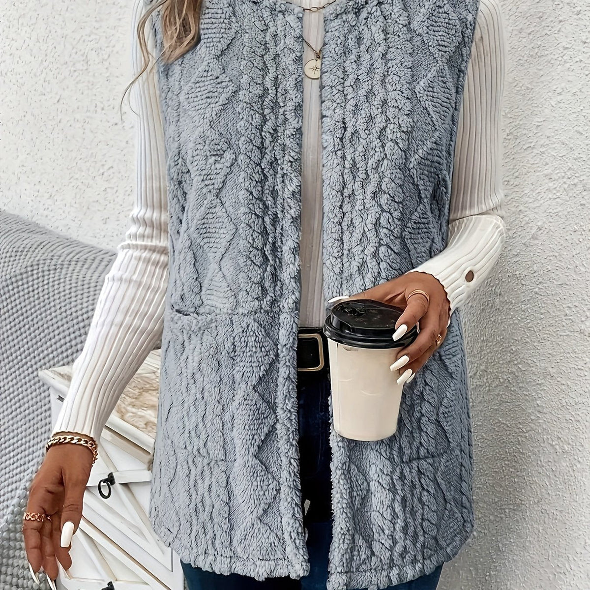 Longline Sleeveless Vest Textured Open Front