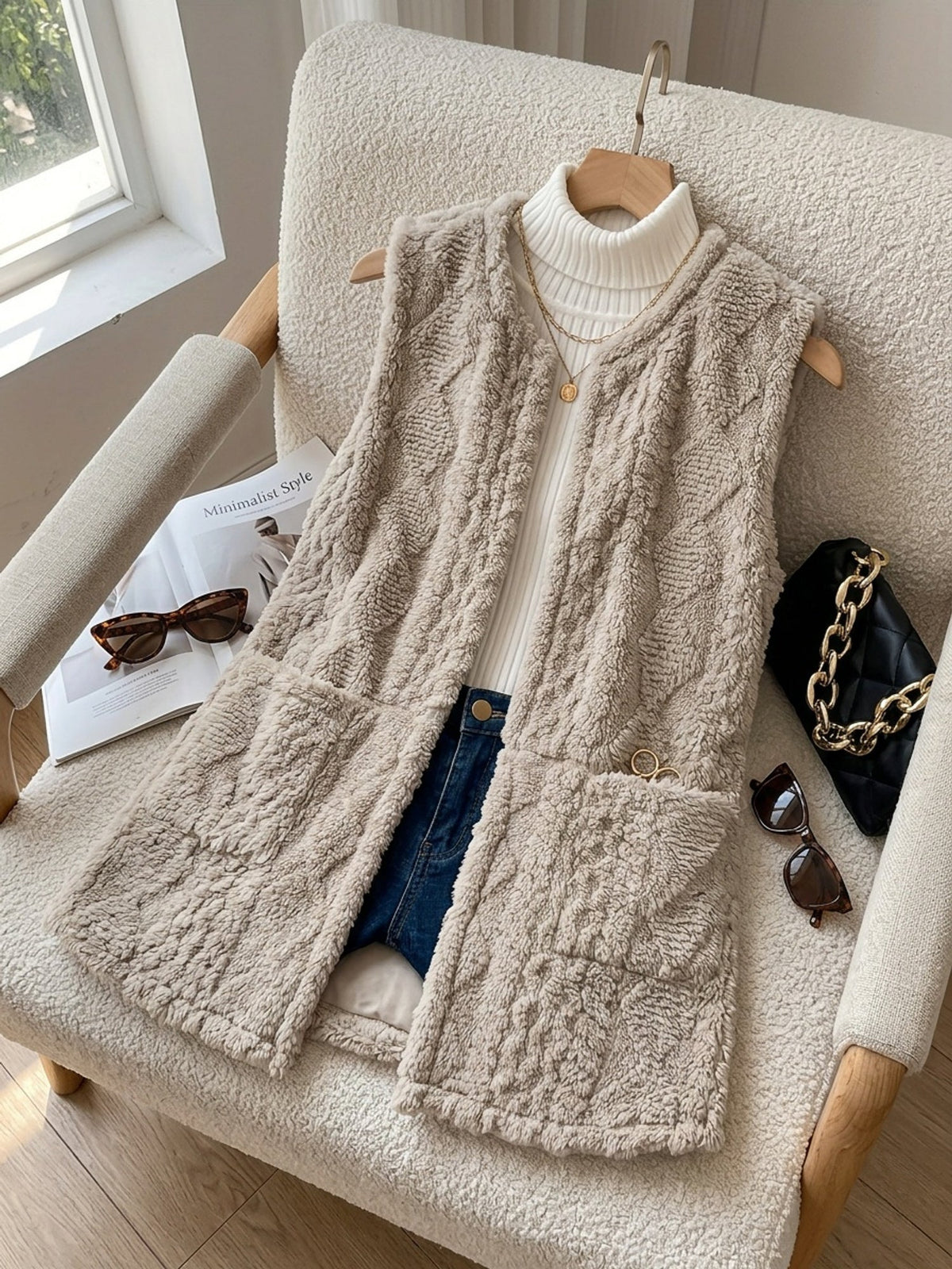 Longline Sleeveless Vest Textured Open Front
