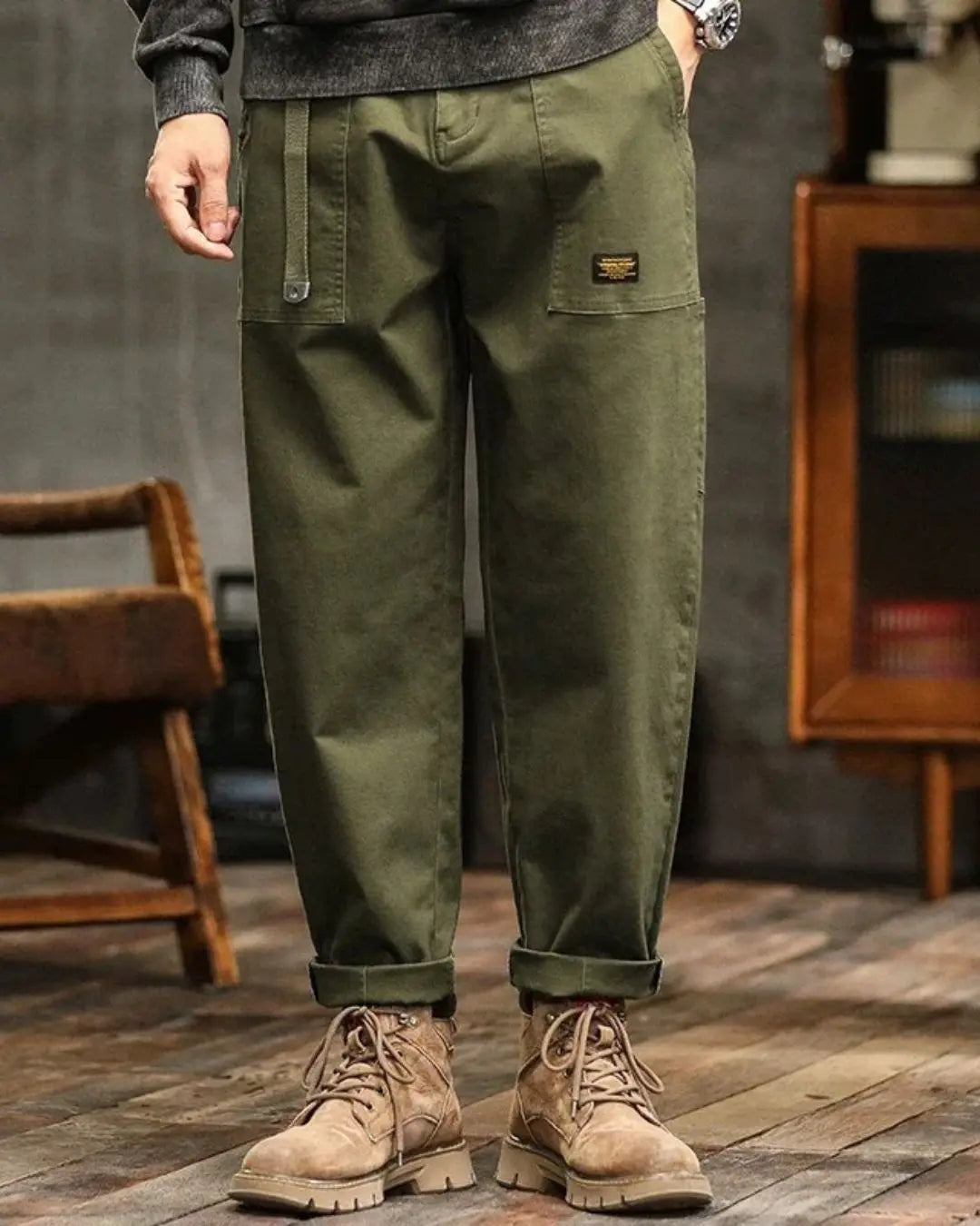Cargo Trousers Wide Leg Panel Pockets in army green, front view