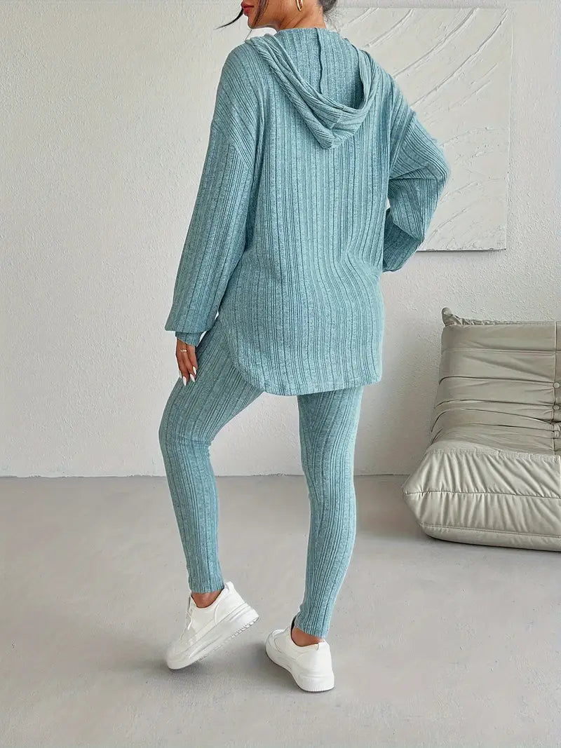 Lounge Set Ribbed Knit Hooded Two Piece