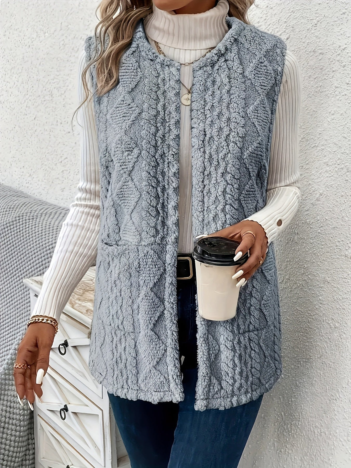 Longline Sleeveless Vest Textured Open Front