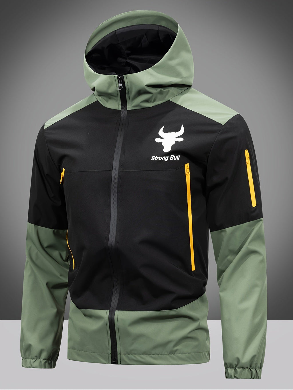 Waterproof hooded longline rain coat in army green, front view