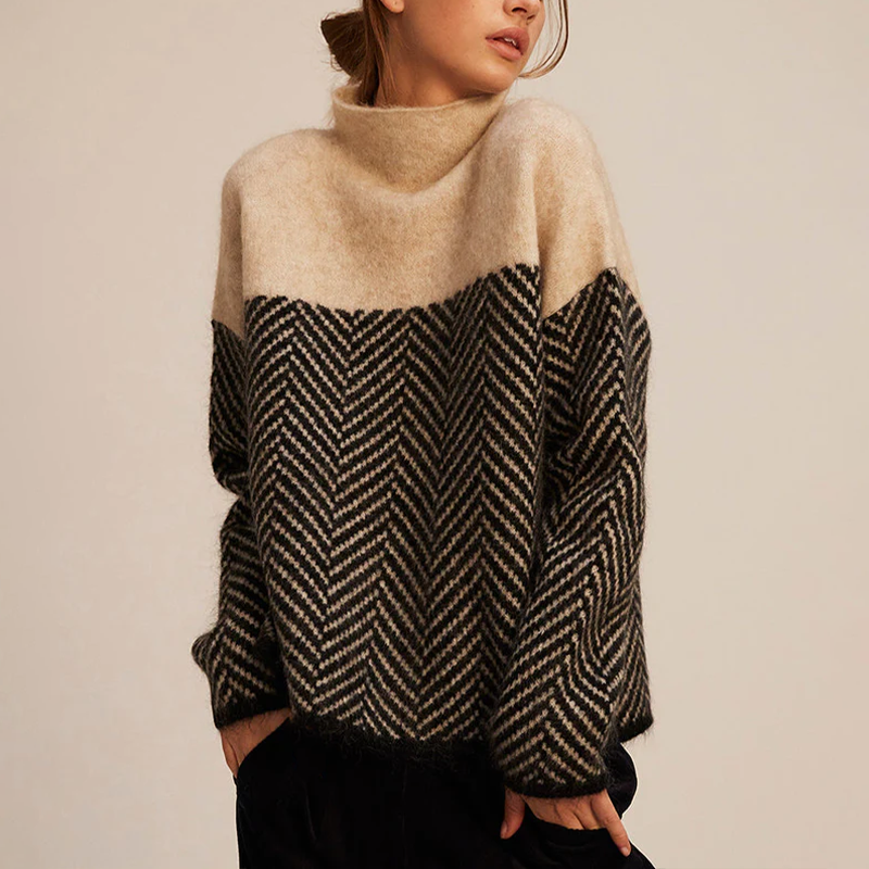 Chevron soft-knit turtleneck jumper in brown, front view