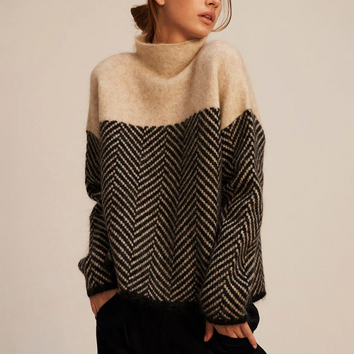 Chevron soft-knit turtleneck jumper in brown, front view
