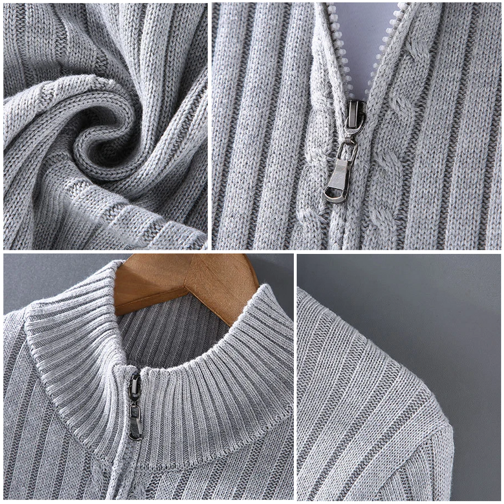 Zip Front Knit Cardigan Ribbed Trim