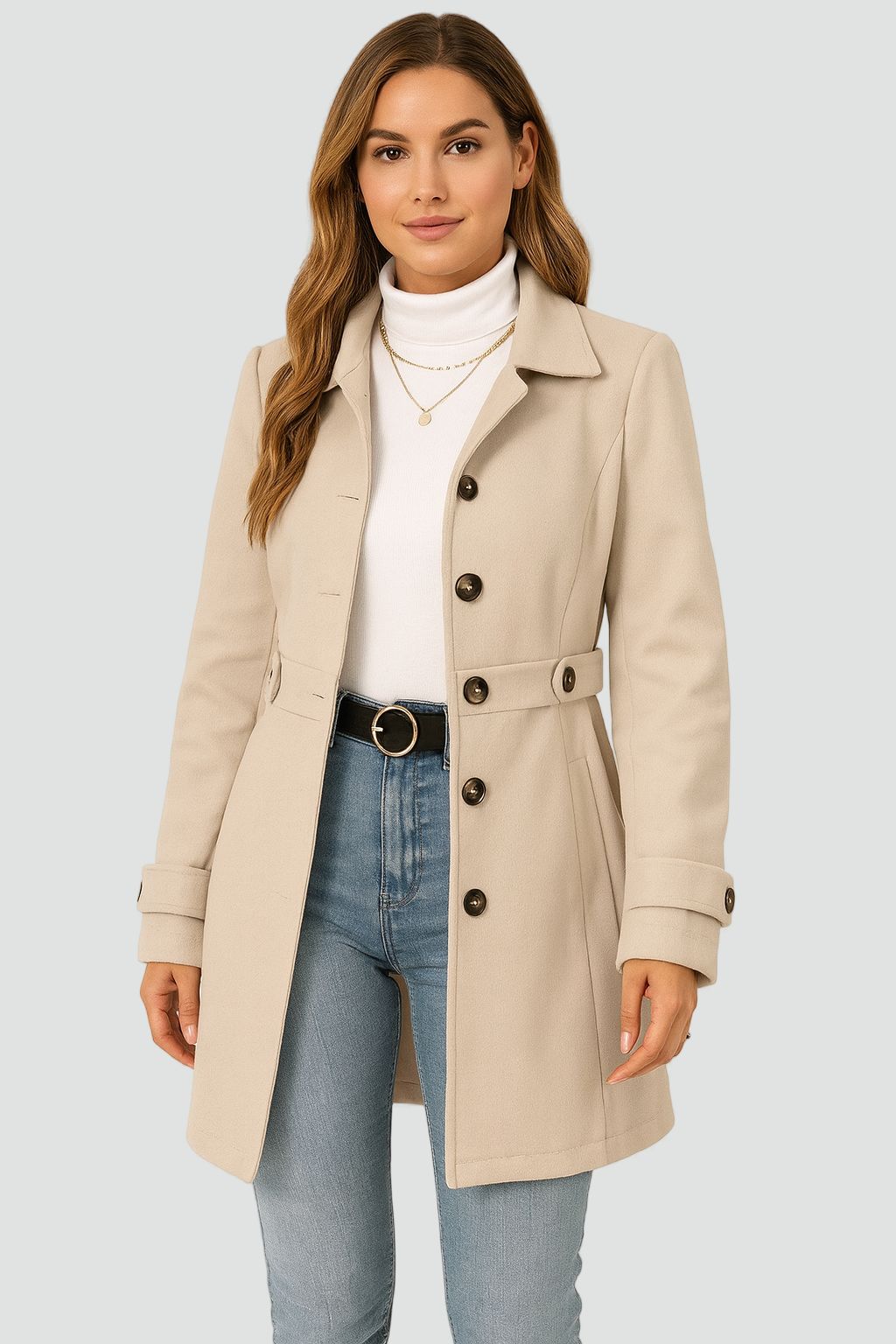 Belted trench coat with tailored fit and classic lapel collar, front view