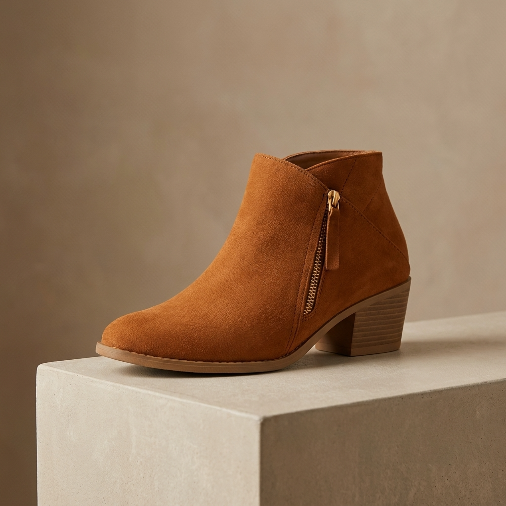 Ankle boots with block heel and side zip in taupe, side view