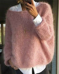 Ribbed knit crew-neck jumper in pink, front view