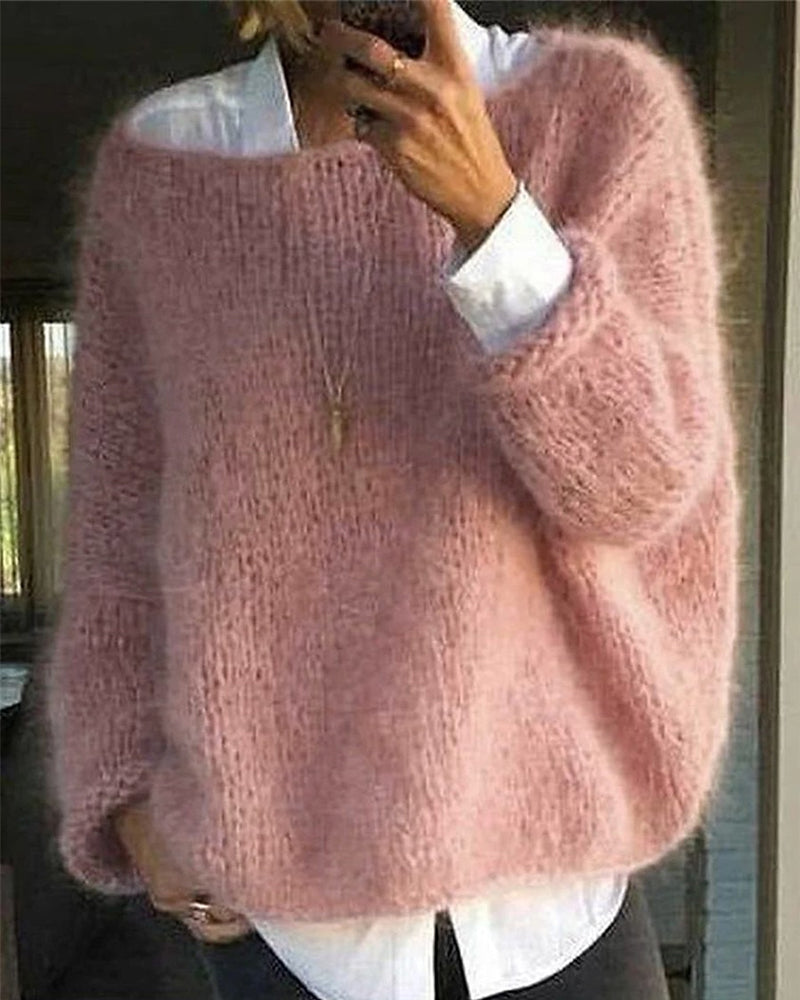 Ribbed knit crew-neck jumper in pink, front view
